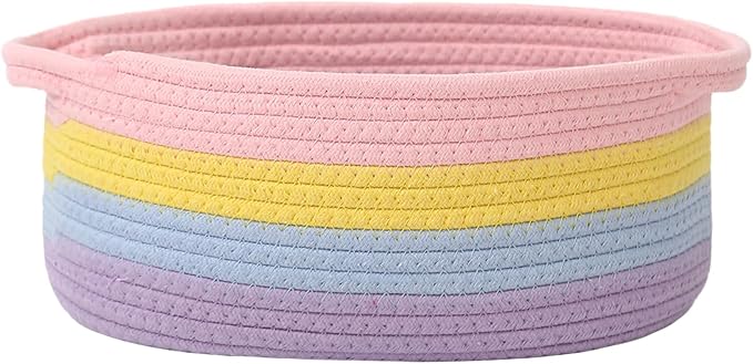 JMvicyroam Woven Basket,Small Rope Storage Bin with Handles & Ribbon Bag, Organizer for Shelves Closets,Gift Basket Empty for Birthday,Books,Dog Toys, Rainbow by JMvicyroam