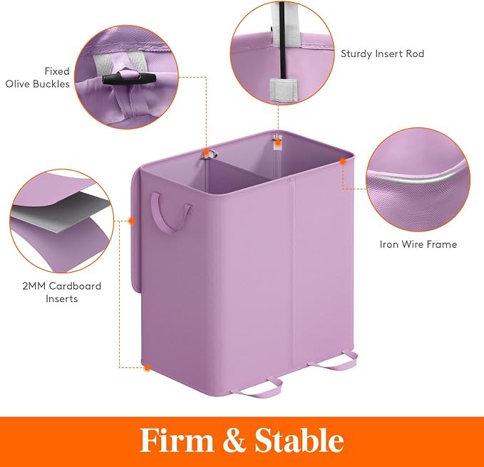 Lifewit Double Laundry Hamper with Lid and Removable Laundry Bags, Large Collapsible 2 Dividers Dirty Clothes Basket with Handles for Bedroom Laundry Room Closet Bathroom College, 136L Purple - Image 2