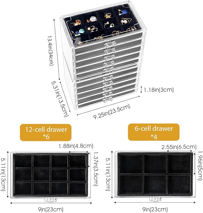 ProCase Earring Holder Organizer Jewelry Box with 10 Drawers, Acrylic Clear Earring Case with Adjustable Velvet Trays for Women - Black,10 Layers - Image 4