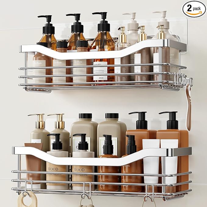 Orimade Shower Caddy Basket Shelf with 5 Hooks Adhesive Organizer Storage Rack Rust Resistant Wall Mounted Stainless Steel No Drilling for Bathroom, Toilet, Kitchen - 2 Pack by Orimade