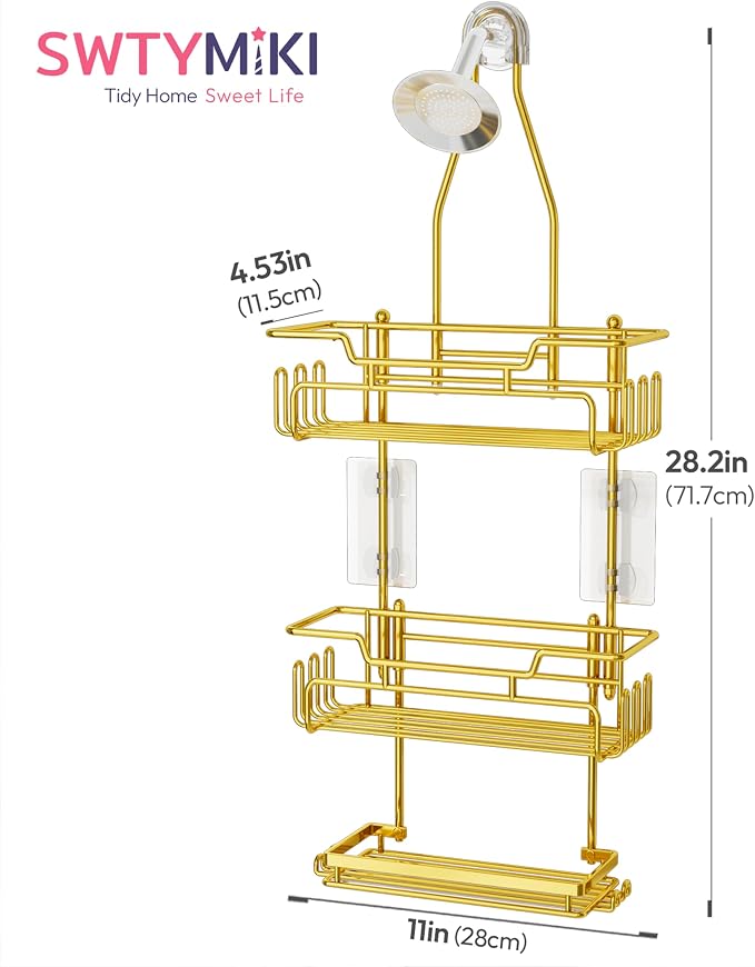 SWTYMIKI Bathroom Shower Caddy Hanging - 3 Tier Rustproof Over Shower Head Organizer, No Drilling Bathroom Shelf with 16 Hooks & Soap Holder, Anti-Swing Rack for Shampoo,Sponge,Towel, Gold - Image 8