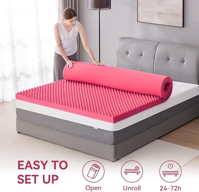 SINWEEK 2 Inch Egg Crate Memory Foam Mattress Topper King Size, Soft Mattress Pad for Back Pain Relief, Bed Topper, CertiPUR-US Certified, Pink