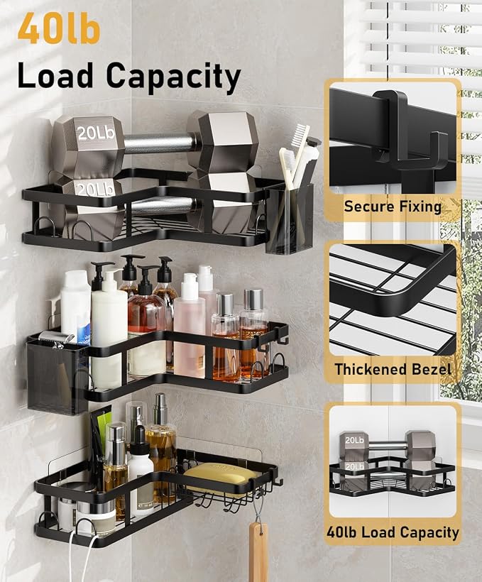 3 Pack Corner Shower Caddy Organizer, Rustproof Corner Shower Shelves, No Drilling Bathroom Corner Shelf with Hooks and Toothpaste Holder - Image 3