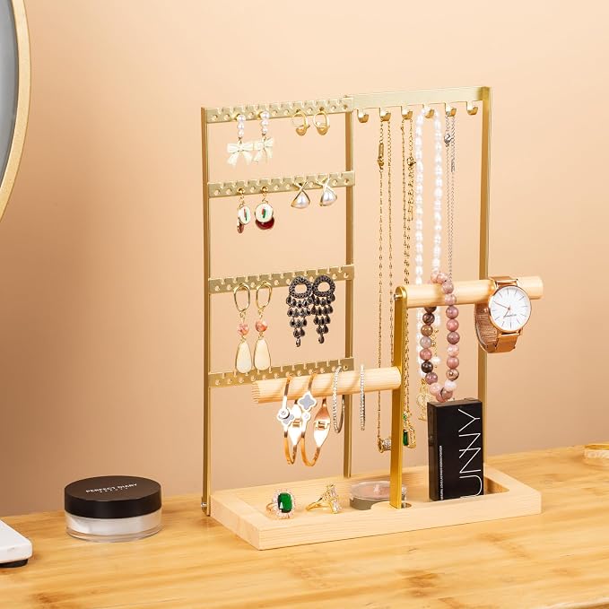 Jewelry Organizer Stand, Jewelry Holder, Lengnoy 4 Tier Earring Holder with 48 Holes and 6 Hooks Necklace Organizer Wood Box for Necklace Bracelet Earring Ring, Gold - Image 3