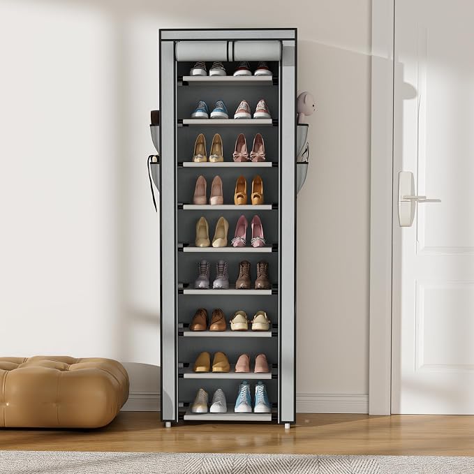 VILICK Shoe Rack with Cover Narrow Shoe Rack Organizer with 4 Side Pockets 10 Tier Tall Shoe Storage Shoe Shelf Holds 18-22 Pairs Shoes and Boots Shoe Rack for Closet, Grey - Image 2