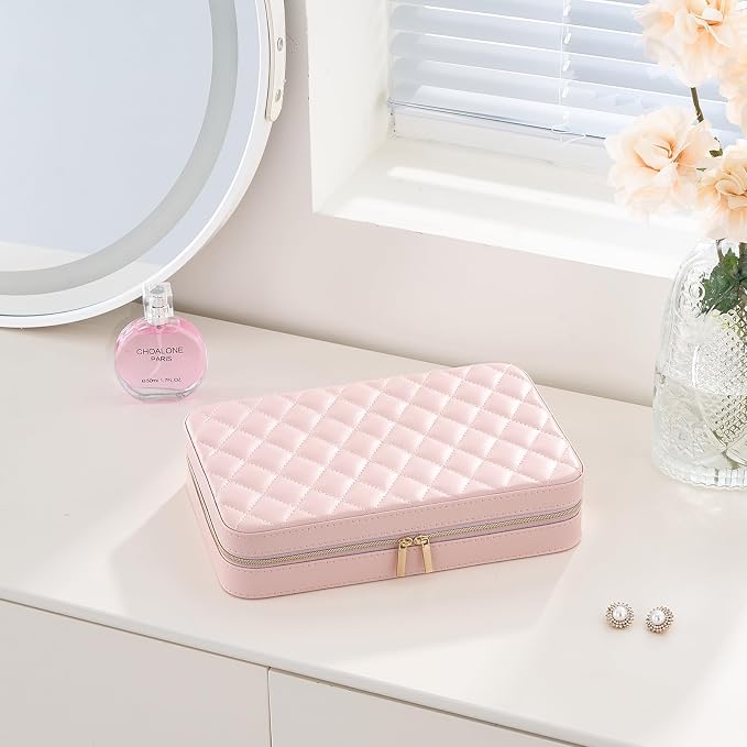 Lolalet Travel Jewelry Case for Women Girls, Travel Jewelry Organizer Box with Mirror & Clear Storage Bag, Small Portable Earring Necklace Bracelet Ring Case, Birthday Valentine Gifts -Large, Pink - Image 7