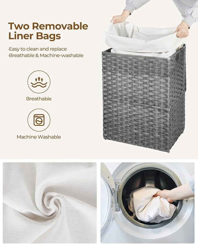 Greenstell Laundry Hamper with Lid, 90L Clothes Hamper with 2 Removable Liner Bags & 2 Mesh Laundry Bags, Handwoven Synthetic Rattan Laundry Basket for Clothes, Toys in Bathroom, Bedroom Grey - Image 4