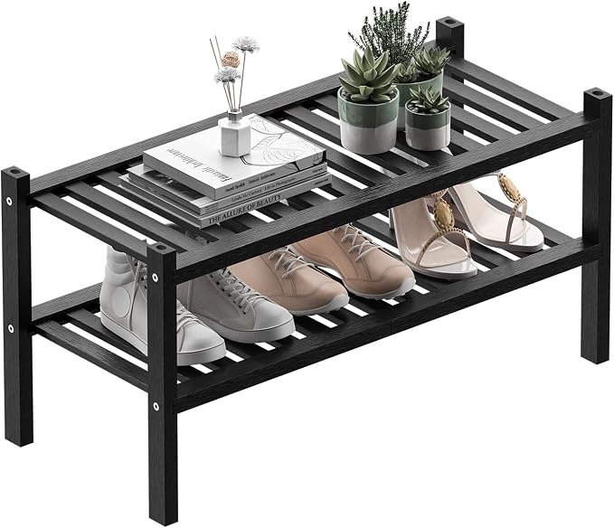 ROMGUAR CRAFT 2 Tier (Thick) Bamboo Shoe Rack for Closet Free Standing Wood Shoe Shelf for Entryway Small Space Stackable 27"x12"x14" (Black) by ROMGUAR+CRAFT