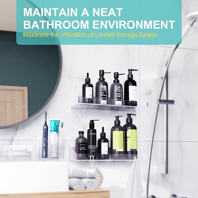 Bakzon Adhesive Shower Caddy, 5 Pack Acrylic Shower Shelves Bath Organizers With Large Capacity, No Drilling Shelves for Bathroom Storage - Image 4