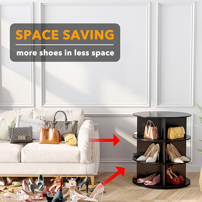 SpaceAid 3 Tier Rotating Shoe Rack Tower, Spinning Shoe Display Lazy Susan, Revolving 360 Shoe Rack Storage Round Carousel, Vertical Handbag Rotate Shoes Closet Organization (3-Tier Black) - Image 3