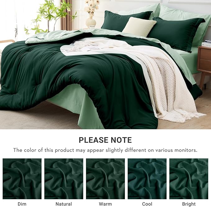 MUXHOMO 7 Pieces Full Comforter Set, Soft Bed in a Bag Full Size, All Season Bedding Set with Comforter, Flat Sheet, Fitted Sheet, Pillowcases & Shams, Forest Green & Sage Green