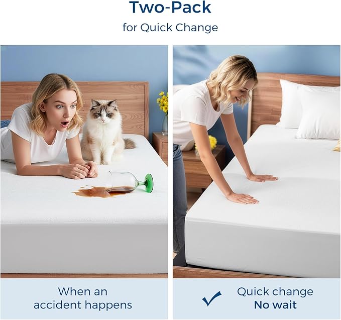 2 Pack Queen Waterproof Mattress Protector, Soft Bed Mattress Cover Noiseless with Deep Pocket Fitted for 8"- 21", Breathable Washable Protector Cover for Home, Bedroom, Hotel (White)