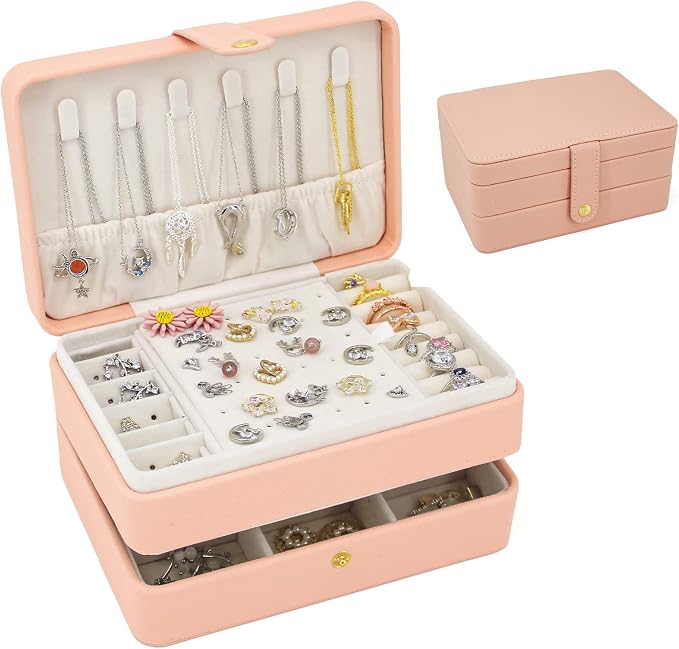 KOOAAICCHI Small Jewelry Box, Travel Jewelry Organizer, Portable Jewelry boxes for Women Girls Gift, Double Layers PU Leather Jewelry Holder for Rings, Earrings, Necklaces-Pink by KOOAAICCHI