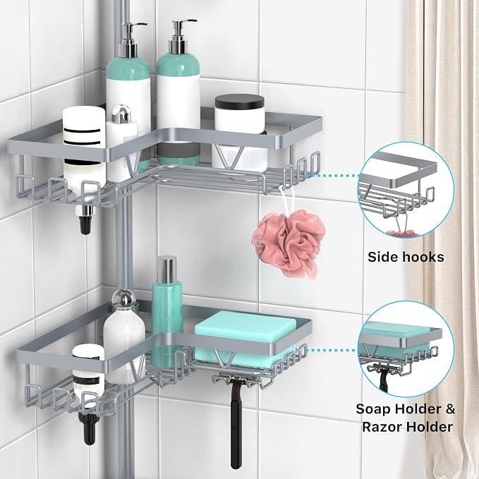 KEGII 4-Tier Corner Shower Caddy Tension Pole - Adjustable Shower Tension Rod Organizer, Floor to Ceiling Shower Caddy 25-114.2 inch, Shower Towel Rack Corner Waterproof, Light Gray - Image 3