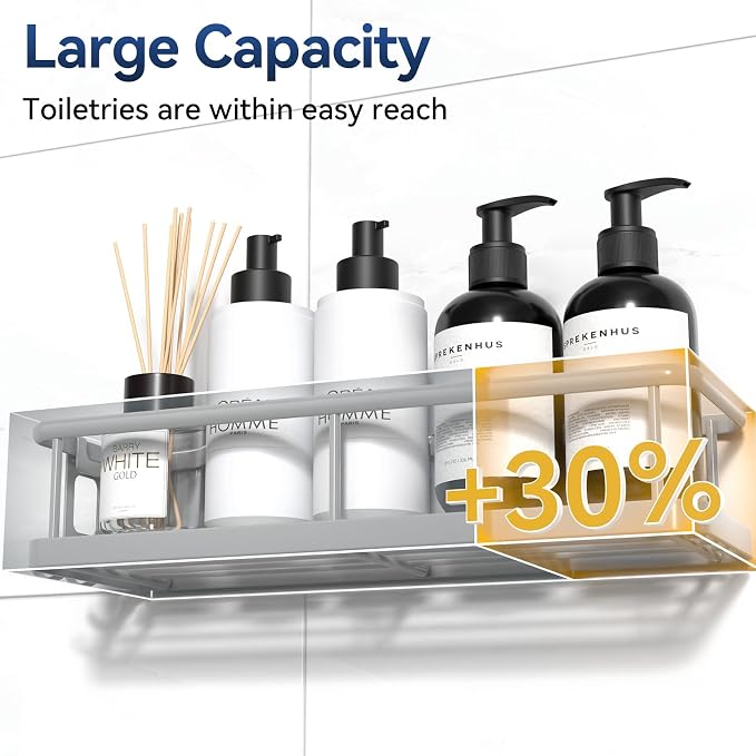 YASONIC Shower Caddy Adhesive, No Drill Bathroom Shower Organizers, with Removable Hooks, Rust Proof Shower Shelves, Wall-Mounted Shower Holder, Grey, 2 Pack - Image 2