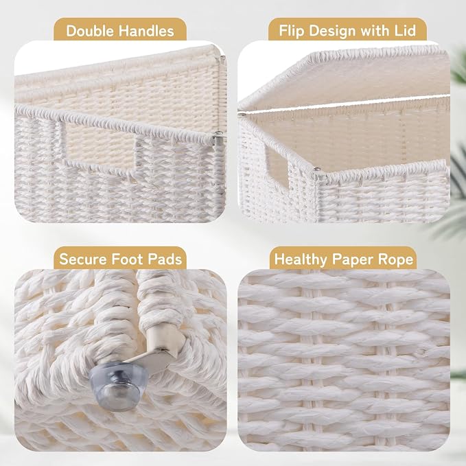 OIAHOMY Laundry Hamper with Lid, 90L(23.8 Gal) Large Wicker Laundry Basket for Bedroom, Handwoven Paper Rope Clothes Hamper with Washable Liner & Metal Frame, Decorative Organizer for Bathroom White - Image 5