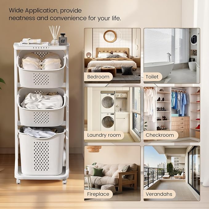 BAOKALER Rolling Laundry Hamper Cart with Wheels, 3 Tier White Laundry Baskets, Clothes Hamper with Portable Storage Baskets for Kitchens, Bathrooms, Bedrooms, Classrooms, Laundry Rooms(75L) - Image 7