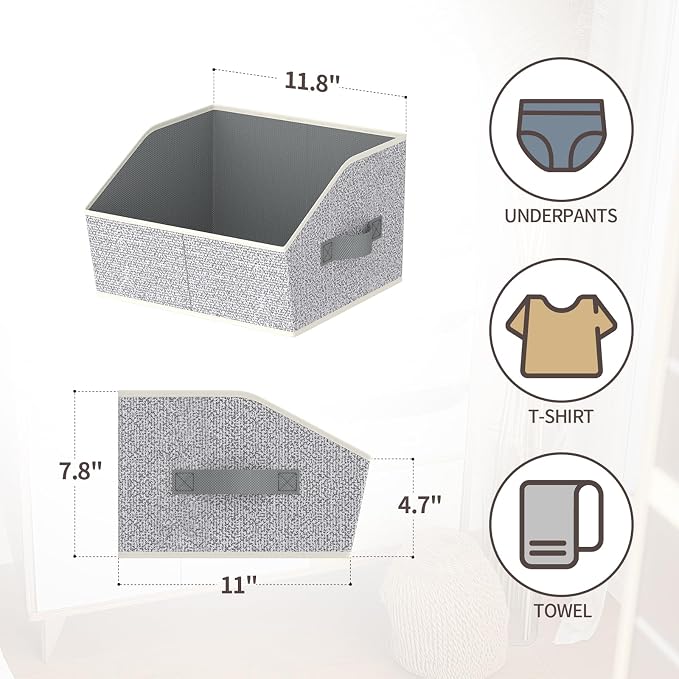 Homsorout Storage Bins for Shelves - Small Trapezoid Closet Shelf Organizer, Fabric Organization Bins with Handles, Storage Baskets for Clothes, Towel, Purse, 6 Pack, Light Gray - Image 3