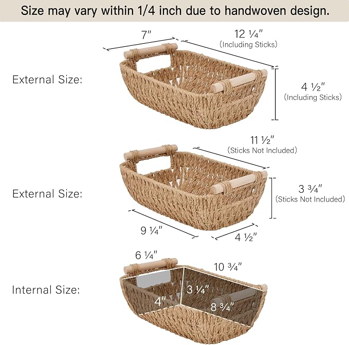 StorageWorks Hand-Woven Small Wicker Baskets, Round Paper Rope Storage Baskets with Wooden Handles, Light Brown, 2-Pack - Image 2