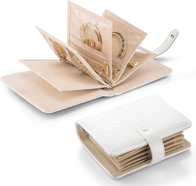 VLANDO Travel Jewelry Organizer Case,Travel Gifts for Women,Portable Jewelry Storage Book Ring Binder with Clear Zipper Velvet Jewelry Pouch Bag-White by VLANDO