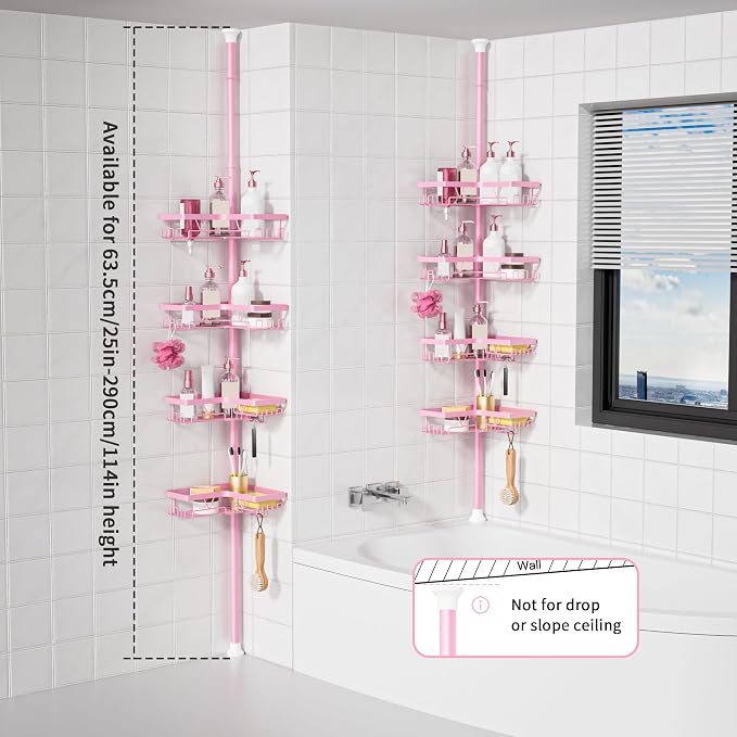 KEGII Shower Caddy Tension Pole, 4-Tier Rustproof Adjustable Corner Bathroom Organizer for Renters, 25–114.2 Inch No Drill Space-Saving Shower Storage Rack, Pink - Image 6