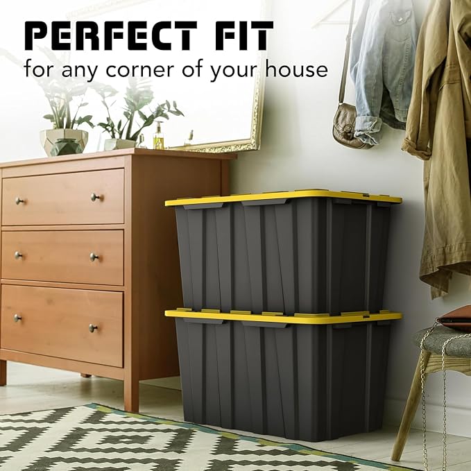 4 PACK Large Black & Yellow Storage Bins | Plastic Tote Organizing Container with Secure Latching Lids, Stackable, Extra Strength with Built in Handle | Black and Yellow Bins | 24.5" x 16.5" x 13.5" - Image 6
