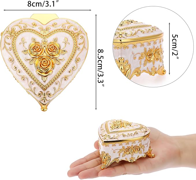 Hipiwe Vintage Metal Jewelry Box - Heart Shape Trinket Organizer Ring Box Case with Rose Pattern Jewelry Storage Box for Ring Earrings Necklace, Gift for Women - Image 4