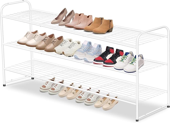 AOODA Long 3 Tier Metal Shoe Rack for Closet Wide Stackable Shoe Storage Organizer for Entryway, Bedroom, Floor, 24-Pairs Men Sneakers Boot Shelf with Wire Grid, White by AOODA