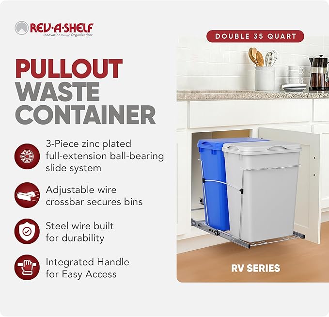 Rev-A-Shelf RV-18KD-11RC-S Double Pullout Trash Can for Kitchen Cabinets 35 Qt Garbage Recycling Bin on Full Extension Slide, Blue/White - Image 2