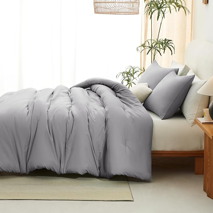 CozyLux Full Size Comforter Set Grey, 3 Pieces Solid Breathable Quilted Bedding Sets, Gray Luxury Lightweight Soft Bed Set with Down Alternative Comforter and 2 Pillowcases for All Seasons