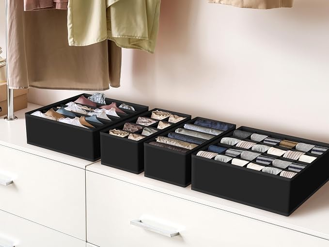 Simple Houseware 4-Pack Drawer Organizer Set - Closet Dividers for Underwear, Socks, Bras, Scarves, Ties - Foldable Non-Woven Storage Boxes, Black - Image 7