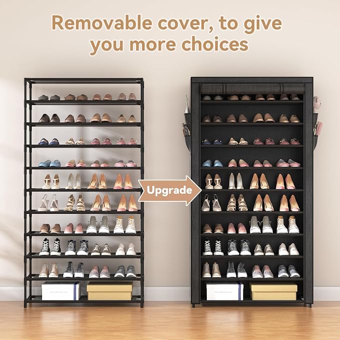 ROJASOP 10 Tier Shoe Rack with Covers,Large Capacity Stackable Tall Shoe Shelf Storage to 50-55 Pairs Shoes and Boots Sturdy Metal Free Standing Shoe Rack Organizer for Closet Entryway Garage - Image 5