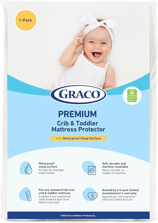 Graco Premium Waterproof Crib and Toddler Mattress Protector (1 Pack) – GREENGUARD Gold Certified, Machine-Washable & Dryer-Friendly, Waterproof Sleep Surface, Fits Baby Crib & Toddler Bed Mattress