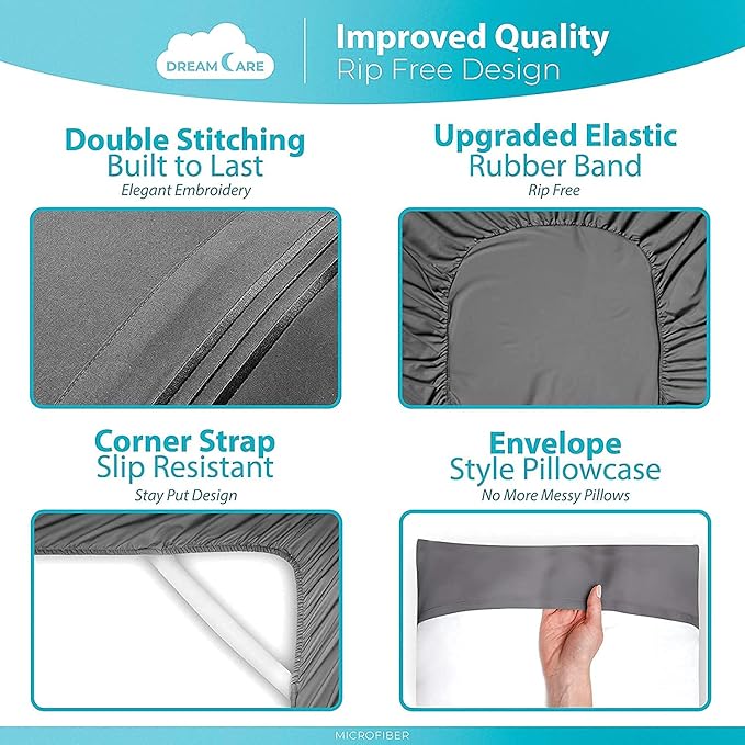 DREAMCARE California King Sheet Sets - 6 pcs Breathable Cooling Bed Sheets - up to 21" Extra Deep Cal King Sheets with Side Pockets - Extra Soft 100% Brushed Hypoallergenic Hotel Luxury Bedding - Gray