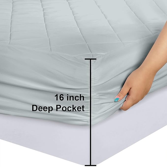 Utopia Bedding Quilted Fitted Mattress Pad, Queen Size, Elastic Fitted Mattress Topper Protector and Cover with Deep Pocket Stretches up to 16 Inches, Machine Washable (Light Grey)