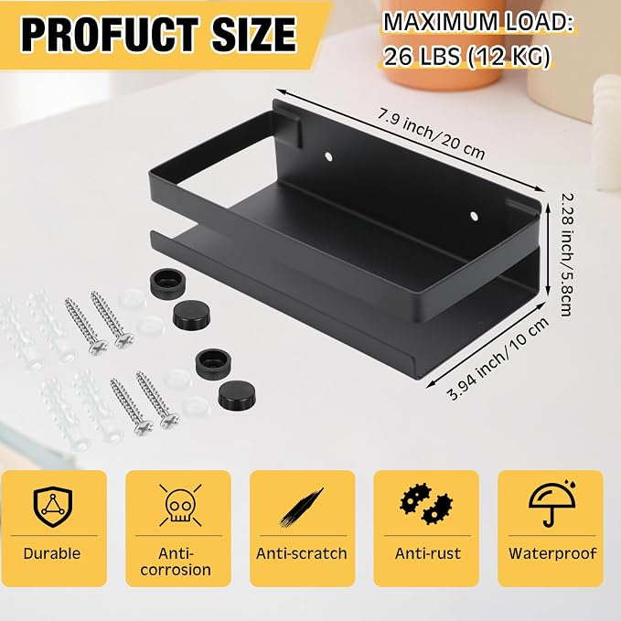 Lallisa 2 Pieces Stainless Steel Shelf Bathroom Shower Floating Shelves Wall Mounted Shower Caddy Basket Shelf Storage Organizer Shelves for Bathroom, Kitchen, Living Room(7.87 Inches/ 20 cm,Black) - Image 3