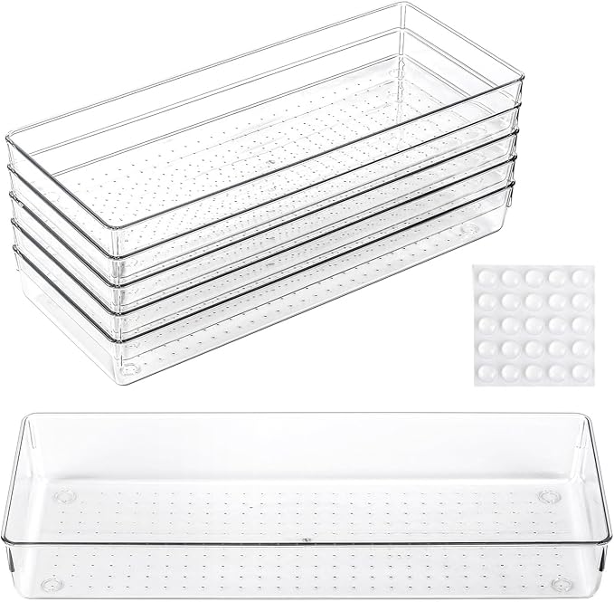 Ohlove 6 Pcs Large Clear Plastic Drawer Organizers Tray 15" x 6.3" Storage Bins with 25 Pcs Non-Slip Pads for Makeup, Jewelries, Kitchen Utensils, Bathroom and Office by Ohlove