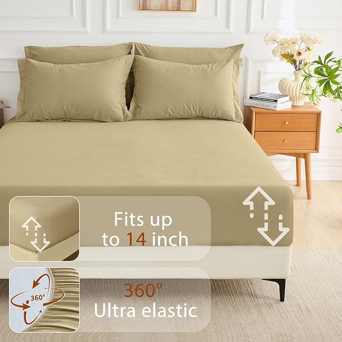 MUXHOMO 7 Pieces King Comforter Set, Soft Bed in a Bag King Size, All Season Bedding Set with Comforter, Flat Sheet, Fitted Sheet, Pillowcases & Shams, Khaki