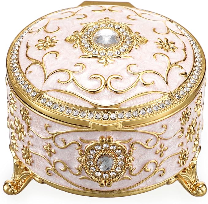 Hipiwe Metal Jewelry Box Small Treasure Chest Box Vintage Round Trinket Organizer Ring Holder Enameled Jewelry Box for Earrings Necklace Holder Gift for Birthday Christmas,Home Decor,Beige - Image 9