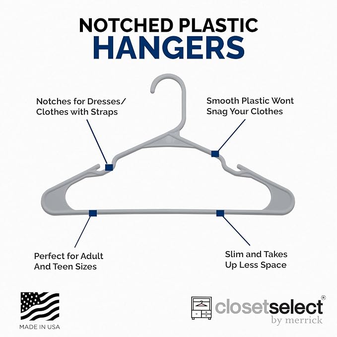 Closetselect Plastic Hangers 50 Pack - Space Saving Clothes Hangers, Made in USA, Durable & Strong Plastic Shirt & Coat Hanger with Notches & Shoulder Grooves, Non-Slip Clothing Hangers | Grey - Image 4