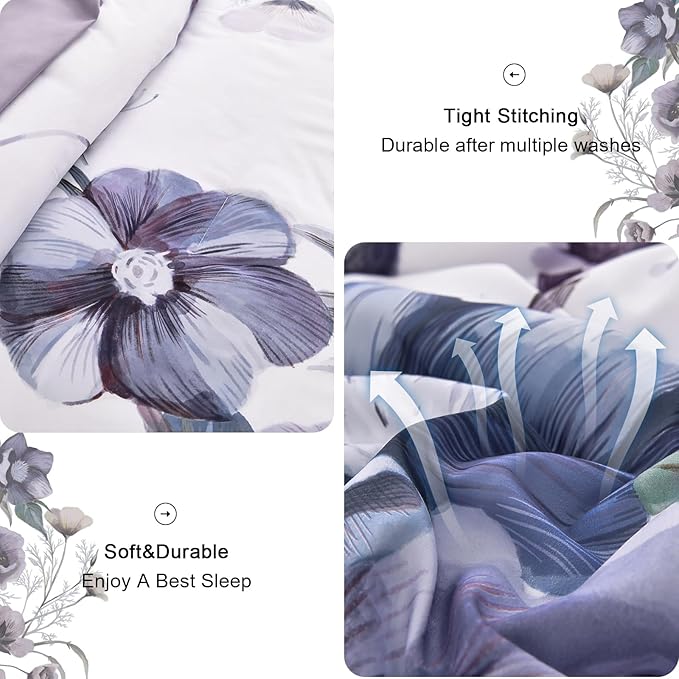 Drucon Floral Comforter Set Queen Size 3 Piece Purple Floral Bed in a Bag, Soft Microfiber Bedding Set for All Season (Purple, 90"x90")