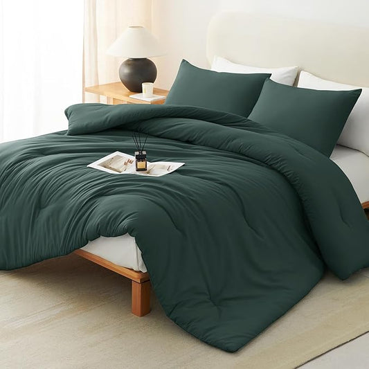 CozyLux California King Comforter Set Forest Green, 3 Pieces Cal King Solid Breathable Bedding Sets All Seasons, Luxury Soft Lightweight Bed Set with Down Alternative Comforter and 2 Pillowcases
