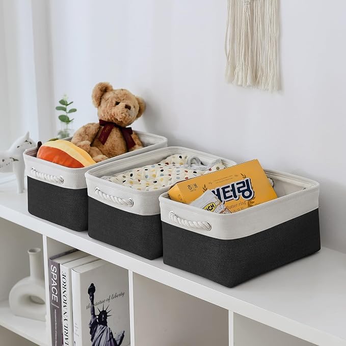 TheWarmHome Storage Bins for Shelves - 1 Pack 13.8x9.7x6.7 inch Storage Basket for Organizing for Closet Organizer Cubes Laundry Cloth Nursery (White & Black) - Image 2