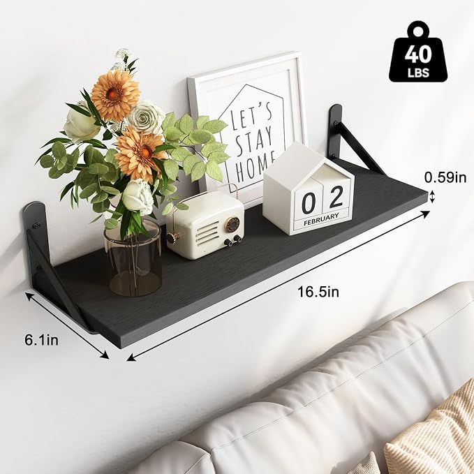 Fixwal Black Shelves for Wall, Wood Wall Mounted Floating Shelves for Bedroom, Bathroom, Living Room, Kitchen Storage and Decor(Black, Set of 3, 16.5 Inch) - Image 3