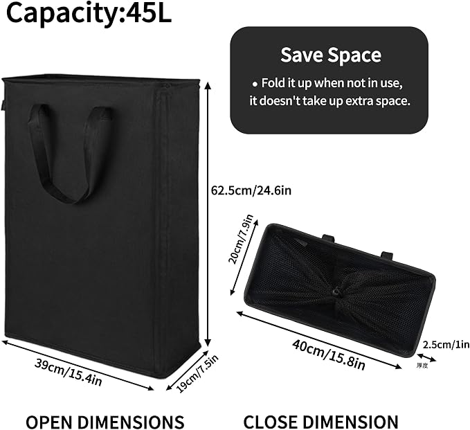 Odonata Slim Laundry Hamper Handles Collapsible Laundry Basket Thin Dirty Clothes Basket Narrow Laundry Bag Foldable Dirty Hamper 45L (Black) - Image 2