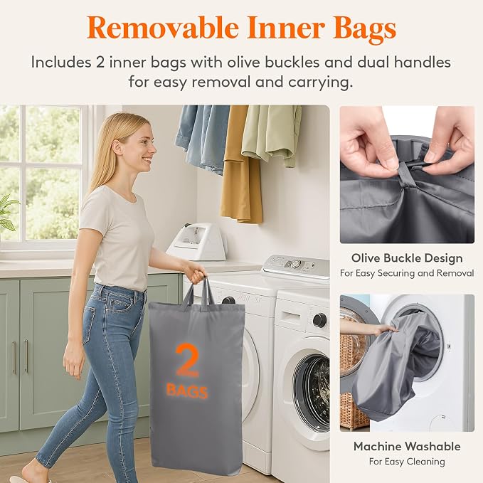 Lifewit 145L Large Laundry Basket with Lid, Laundry Hamper with Plastic Handles and Removable Bag, Foldable Tall Dirty Clothes Hampers for Laundry for Laundry Room, Bedroom, Bathroom, Dorm, Light Gray - Image 6