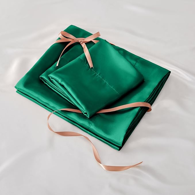 BEDELITE California King Sheets Set, Luxury Soft Dark Green Satin Sheets for Hair and Skin, Similar to Silk Bed Sheets Set 4 Pieces with 1 Deep Pocket Fitted Sheet, 1 Flat Sheet, and 2 Pillowcases