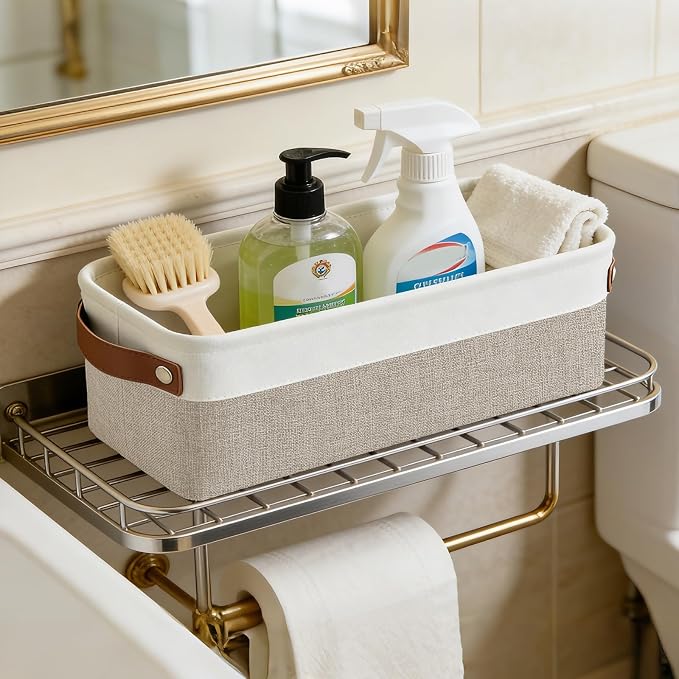 Bagnizer Small Fabric Storage Baskets, 15x6x5 inch Narrow Storage Bins 4-Pack Long Storage Basket for Organizing with Handles, Decorative Basket for Closets, Shelves, Toilet Paper, Beige - Image 8