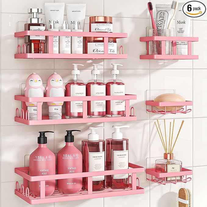 Youvip 6 Pack Shower Caddy, Adhesive Shower Shelves with Soap Holder, No Drilling Rustproof Large Capacity pink bathroom decor accessories, Pink by YOUVIP