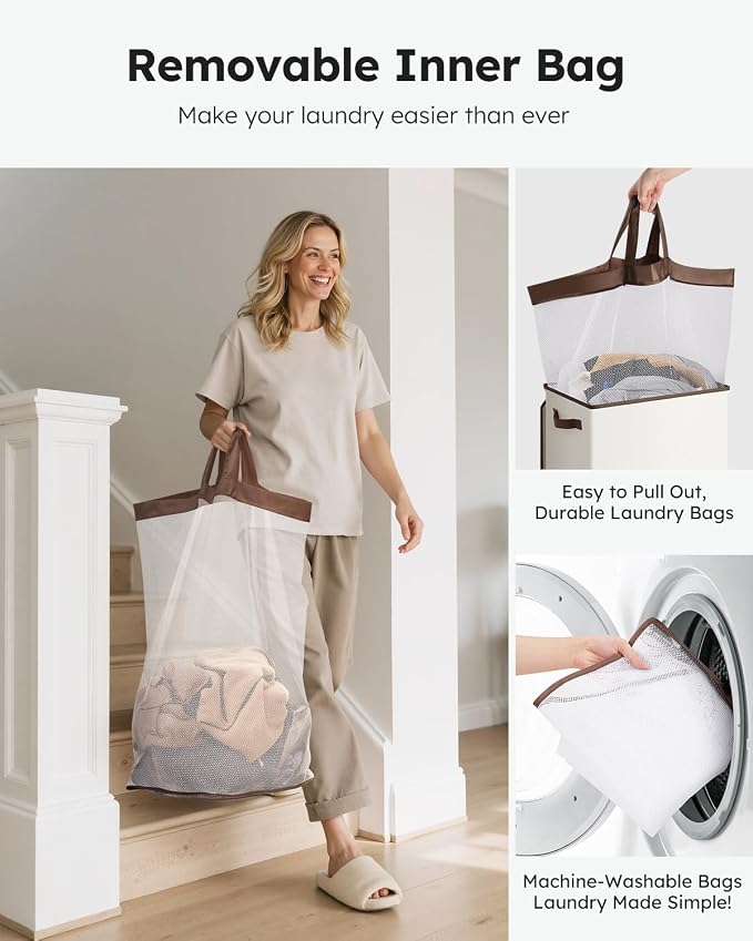SOLEDI Laundry Hamper with Lid 90L Large & Tall Collapsible Laundry Basket, Clothes Hamper with Bag Removable Easy to Carry, Dirty Hampers for Bedroom, Bathroom, Dorm, College, Beige - Image 4